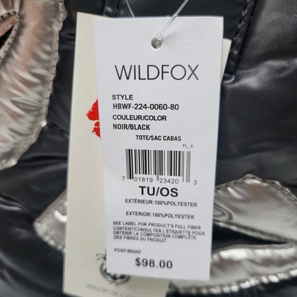 NWT Wildfox’s Embroided Lips Icon Tote Black Quilted w Silver Lips - Picture 3 of 7